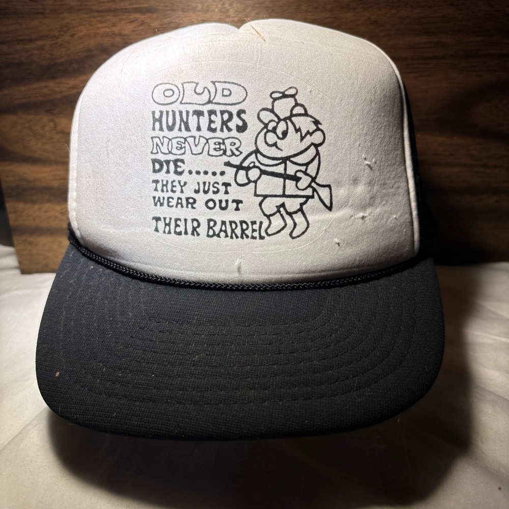 Black and White Trucker Hat with Hunter Graphic